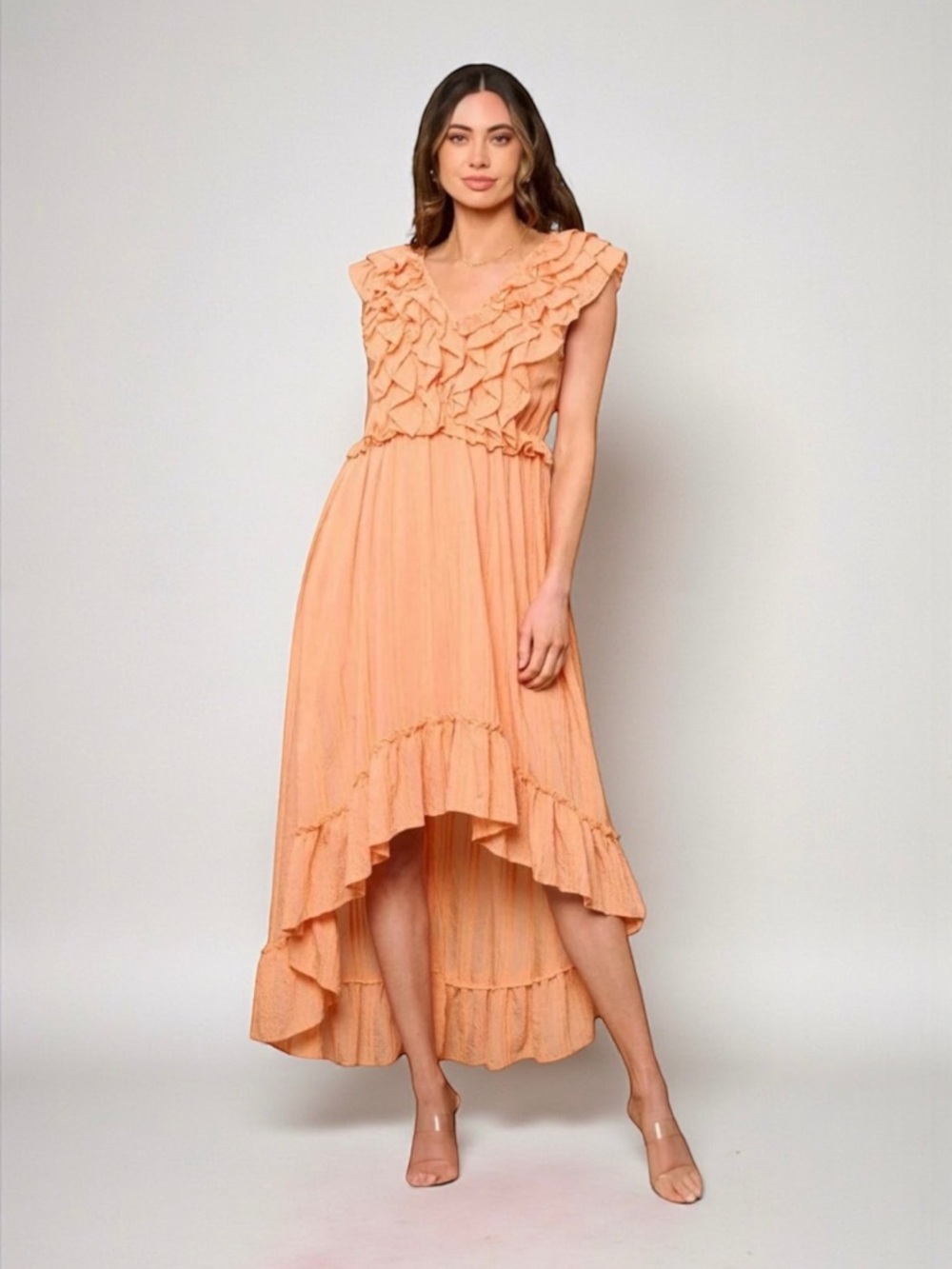 RUFFLE FRONT HIGH-LOW SLEEVELESS MIDI DRESS